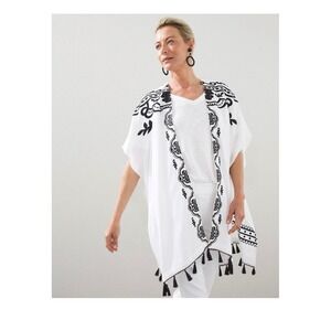 Chicos Black White Embroidered Tassel Kimono Cover Up Cardigan Women‎ L XL